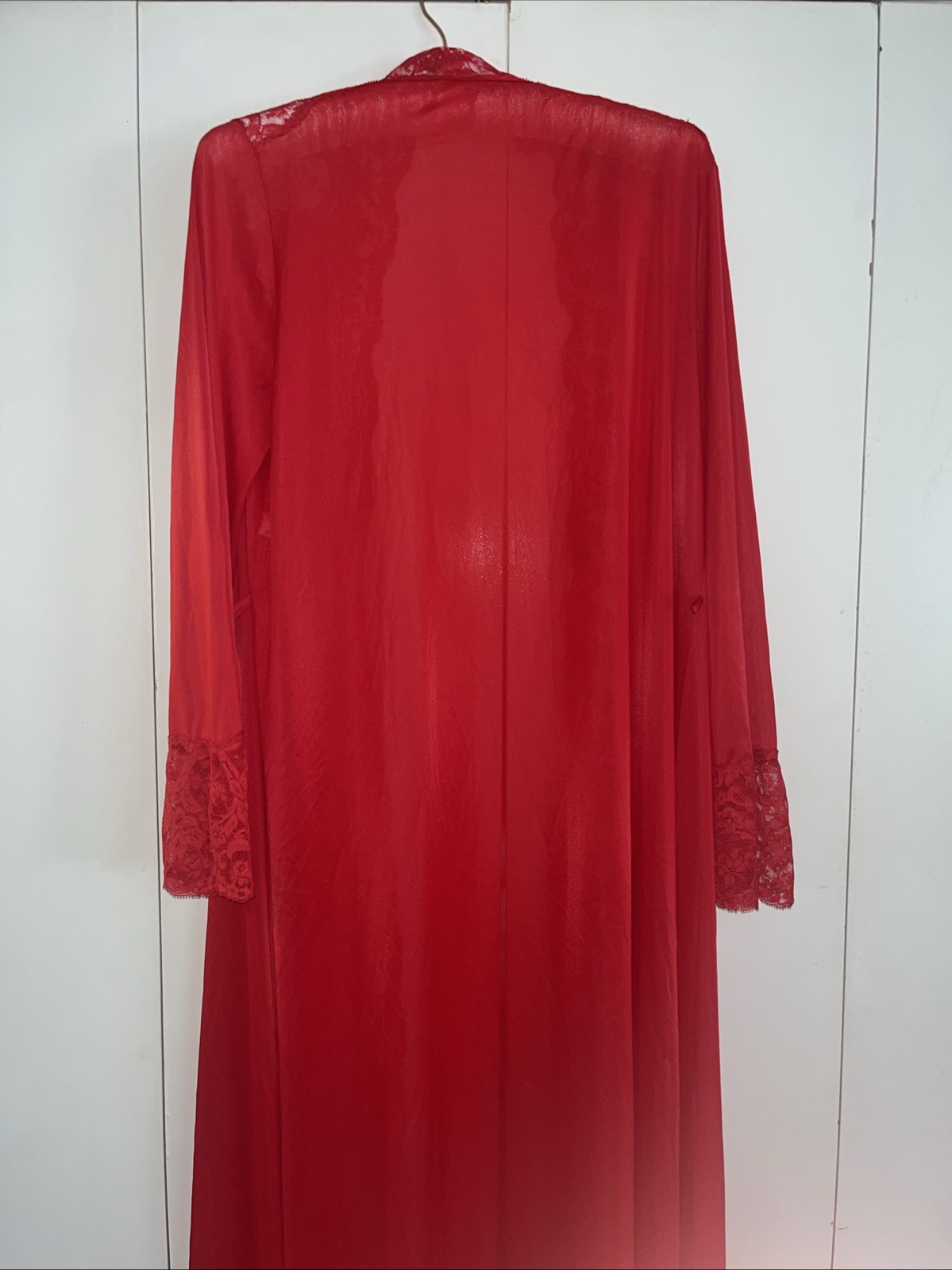 VTG OLGA Red Satin Robe Lace Trim Medium Style 9702 Long Nightgown Peignoir