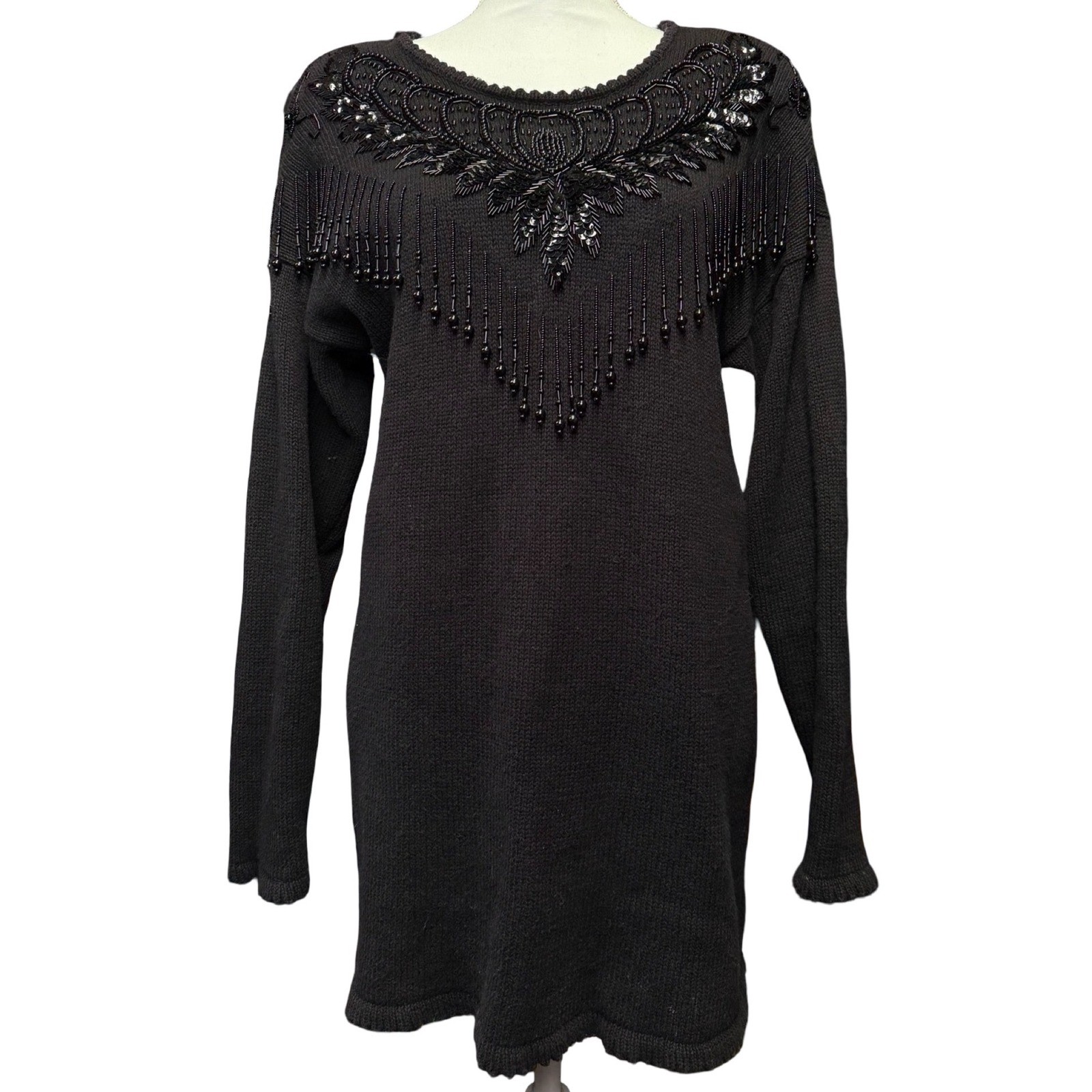 Vintage Kathie Lee Black Beaded Fringe Tunic Sweater XL Ramie Cotton