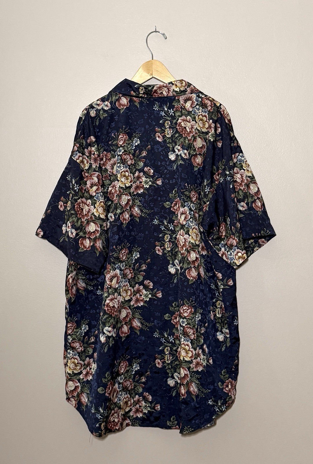 Vtg Val Mode Floral Satin Night Shirt Size L Gown Blue Short Sleeve Button Front