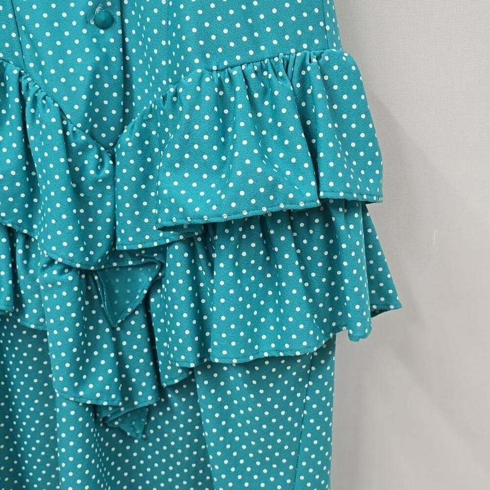 KR of NY Vintage 80s Teal Polka Dot Ruffle Peplum Dress Size 7/8 Made in USA