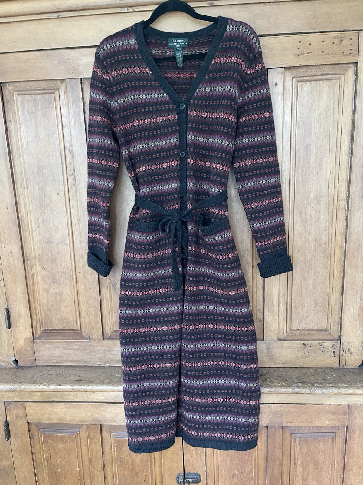 Vintage Ralph Lauren Lambswool Fair Isle Long Cardigan Sweater Coat Size PM