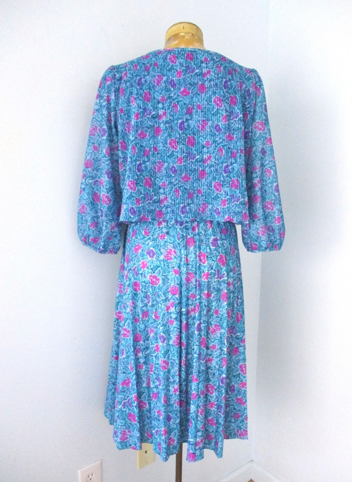 Vtg 70s Blue Pink Floral Fit Flare Secretary Dress Accordion Pleat Overlay 12