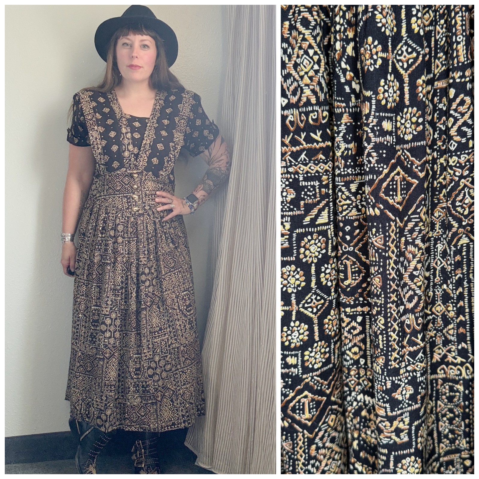 Vintage Boho Dress 80s Nina Piccalino Brown Black Dark Printed Bohemian Medium