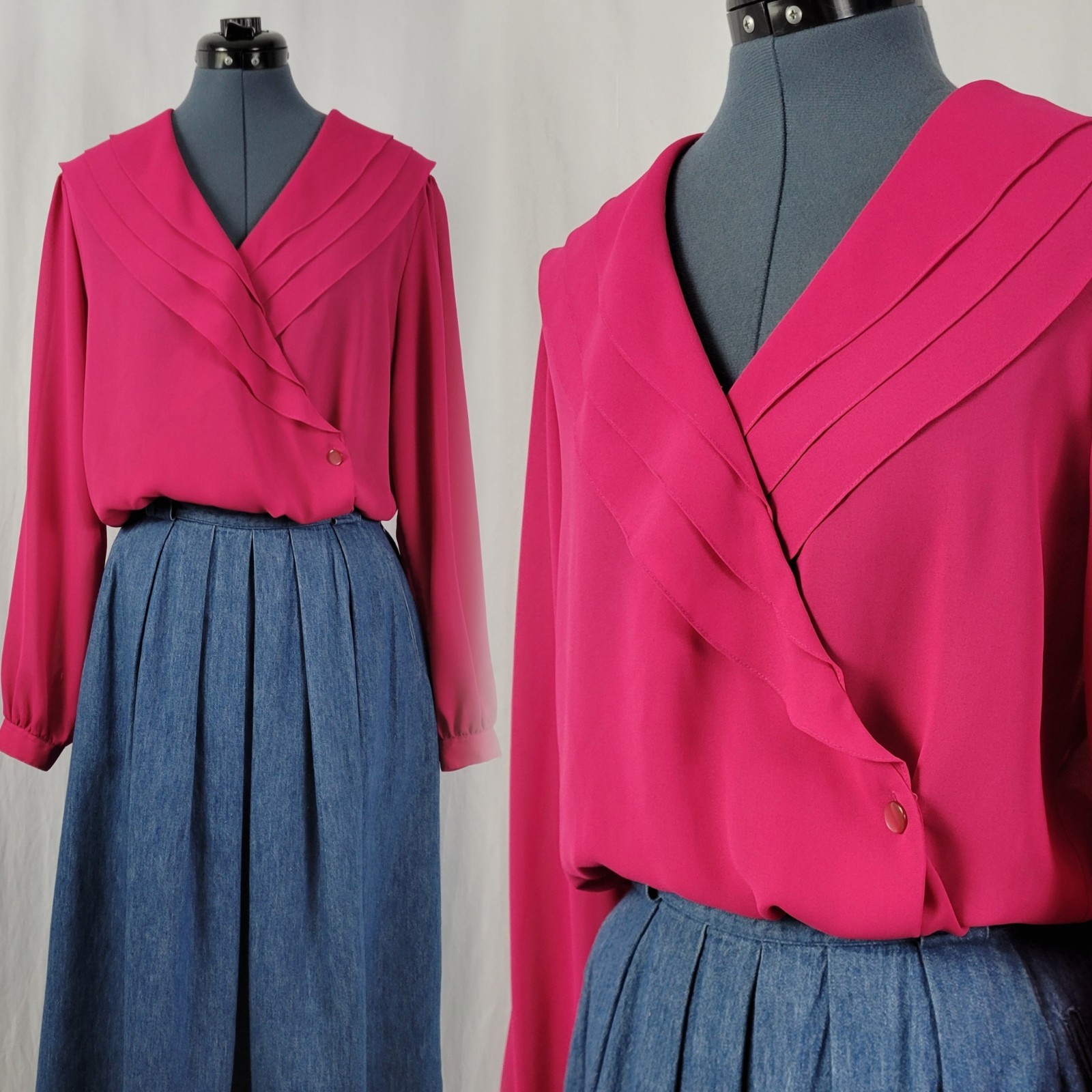 Vintage Josephine Magenta Pink Blouse w Layered Collar & Wrap Front Size 14