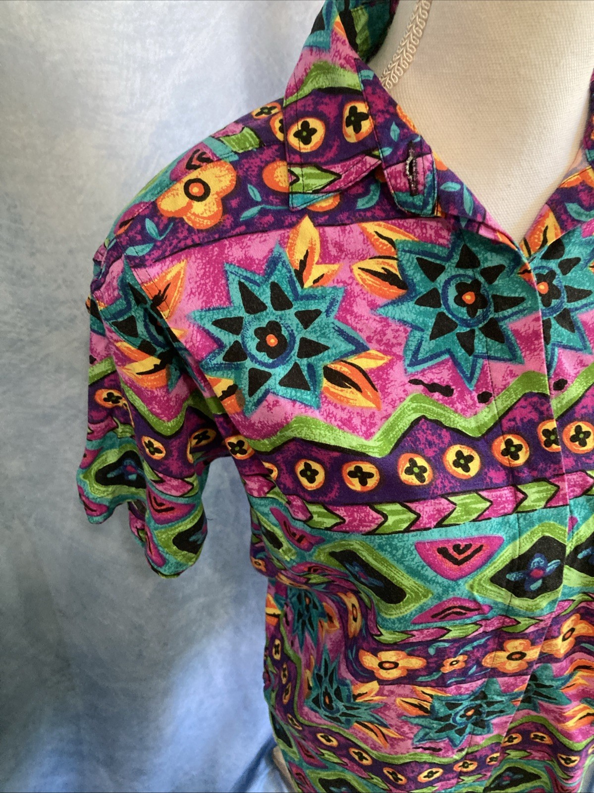 Vtg Accordeon 80s 90s Rayon Abstract Geometric Floral Shirt S Shoulder Pads Rave