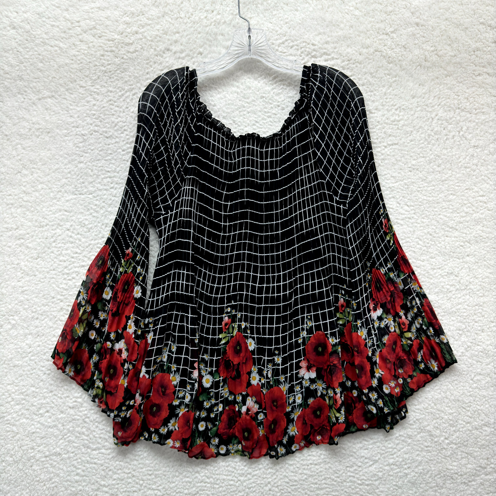 Y2K Vintage Off Shoulder Top Large Black Red Floral Mesh Flared Sleeve Bohemian