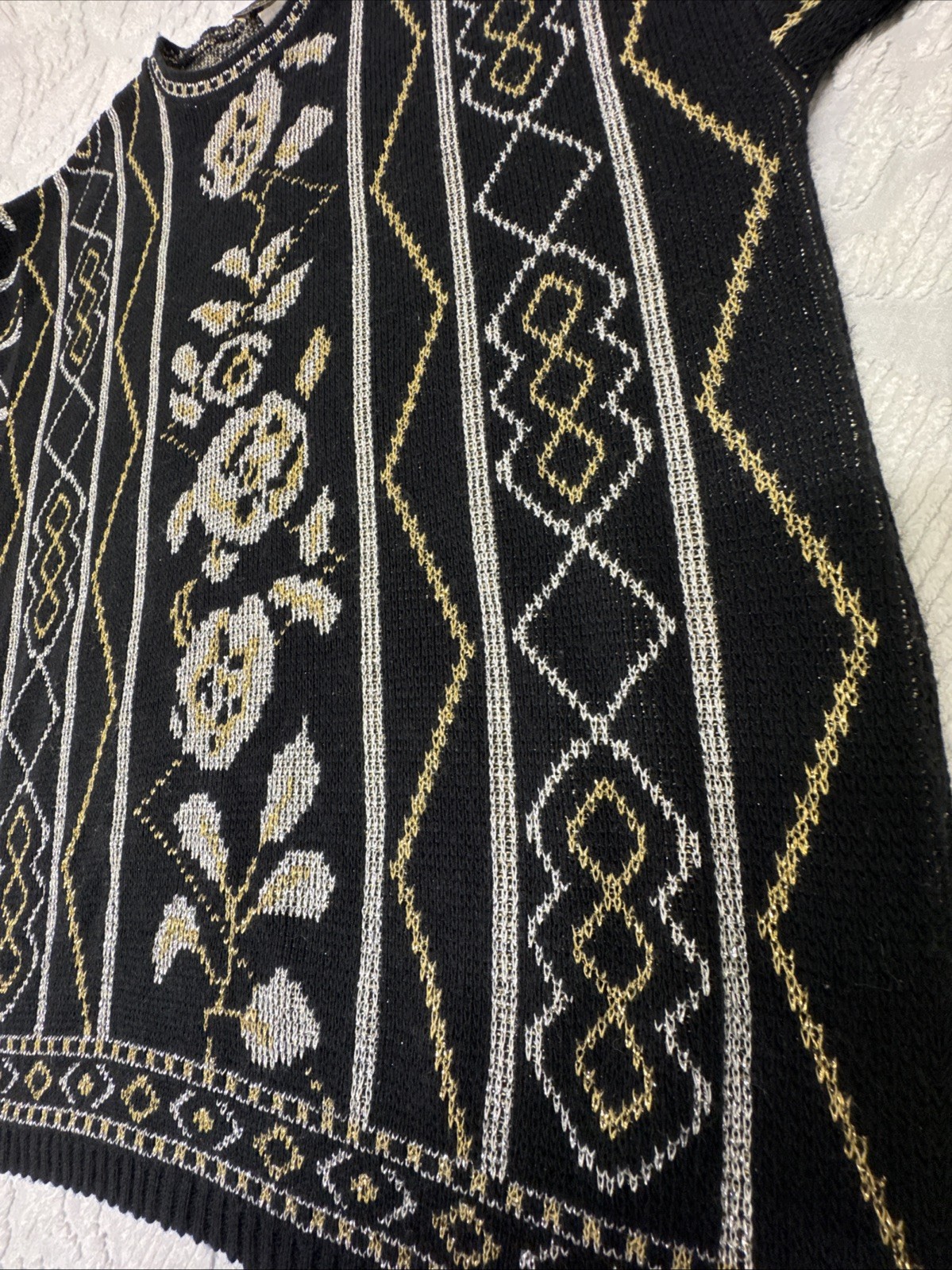VTG 80s Black Gold Silver Metallic Floral Art Deco Boho Sweater Dana Scott USA M
