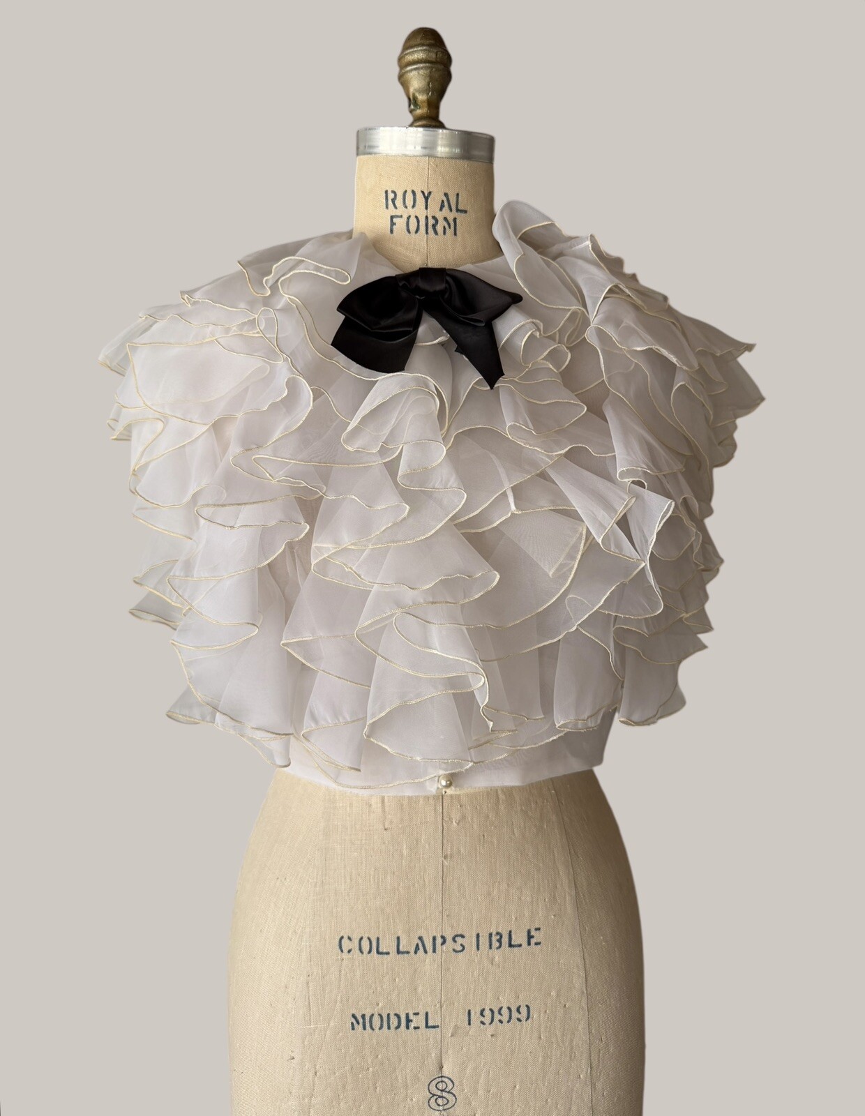 Vintage Couture Organza Ruffle Shirt with Black Bow RARE NWT 1960s Pearl Buttons