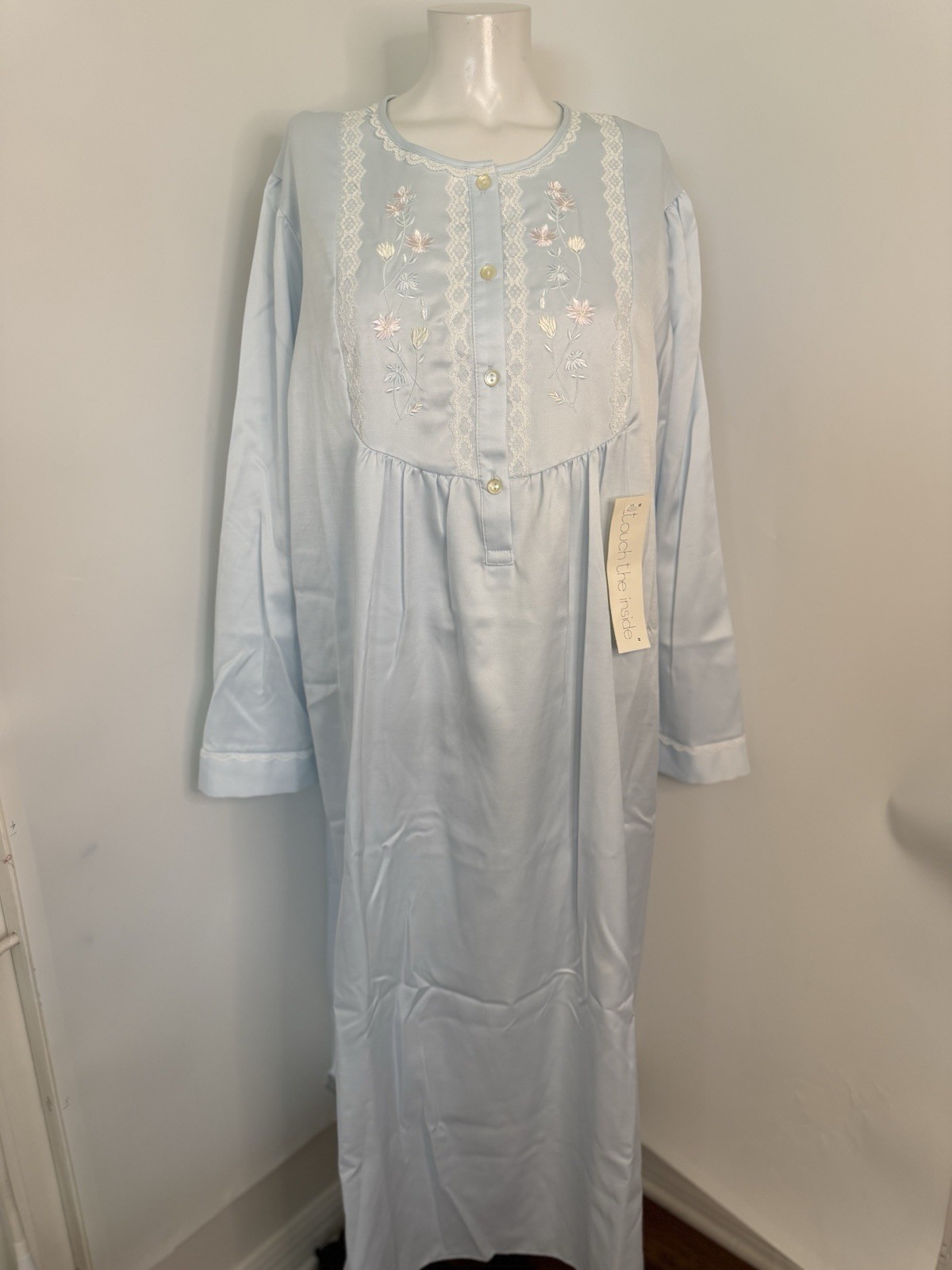 Vintage Miss Elaine XL Granny Long Nightgown Gown Lt Blue Embroidered Lace NWT