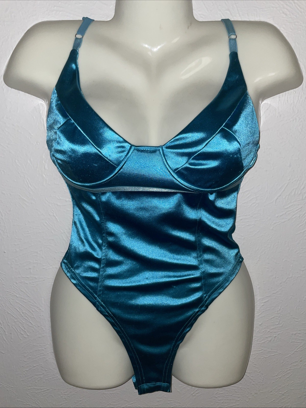 Woman’s Teddy S Nylon Spandex SHINY Satin Lined Cups Bodysuit Aqua Blue Lingerie