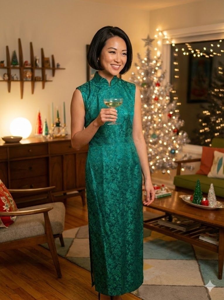 Vintage 1960s Emerald Green Satin Brocade Cheongsam Dress Mandarin Collar XS