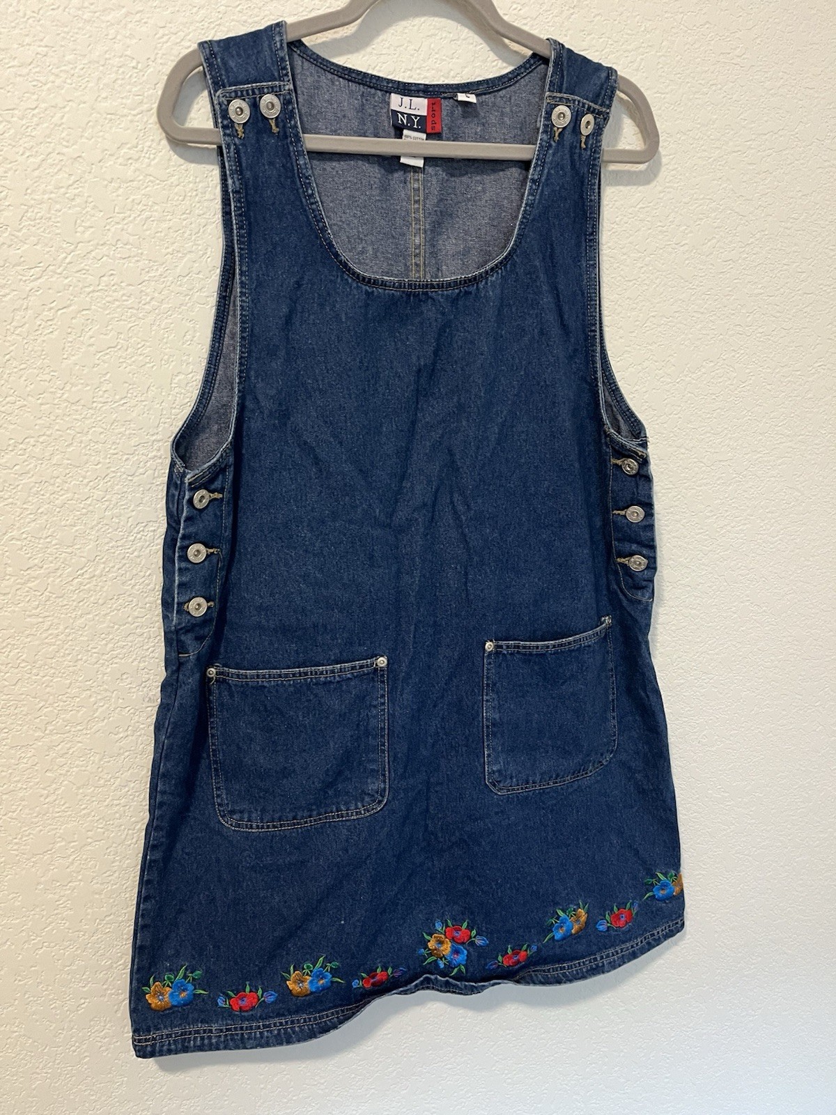 Vintage Denim Jumper Womens L Dress JLNY Sport Embroidered 100% Cotton Button