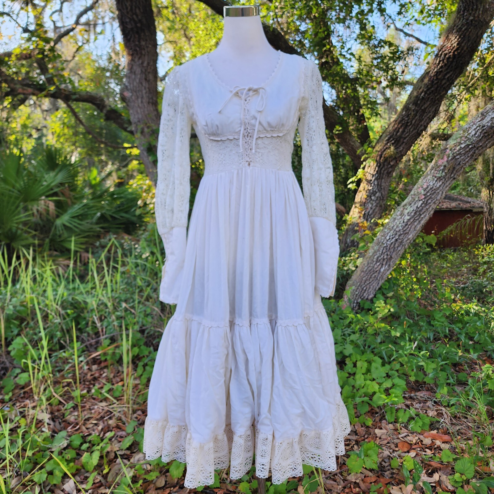 Vintage Gunne Sax Cotton Lace Bridal Cottagecore Lace Up Dress Prairie Boho 5