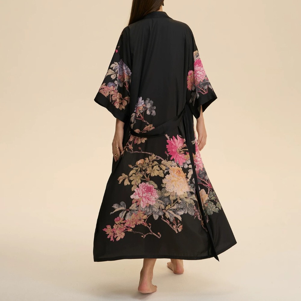 Women Retro Floral Robe Kimono-Style Long Coat 3/4 Sleeve Nightwear