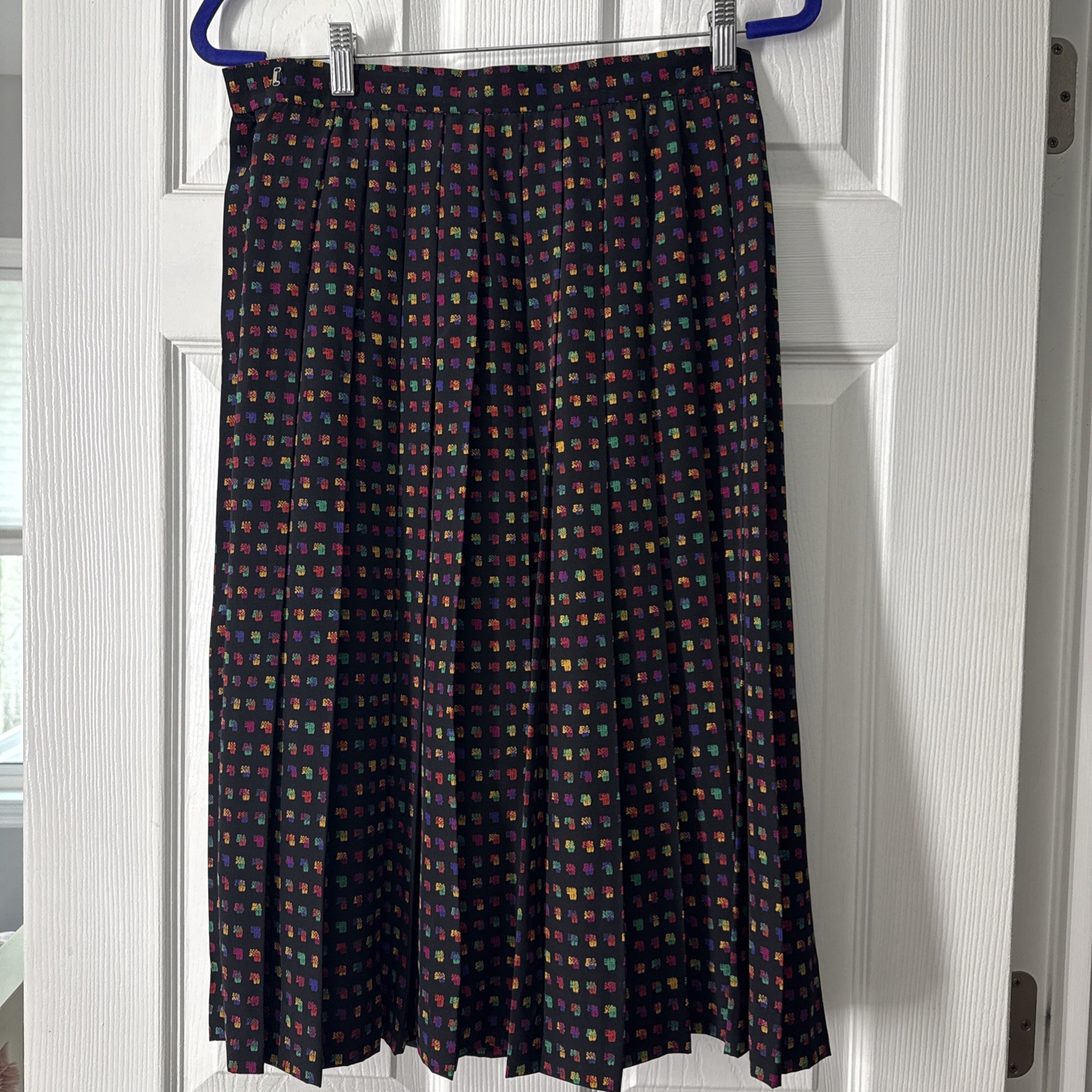 Vintage 80s Silk Women’s Long Pleated Skirt Geometric Rainbow Size 10 Doncaster