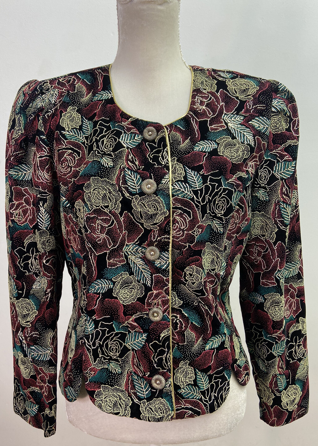 Another Thyme Vintage Multi Color Floral Puffed Sleeve Blazer Size 14 Textured