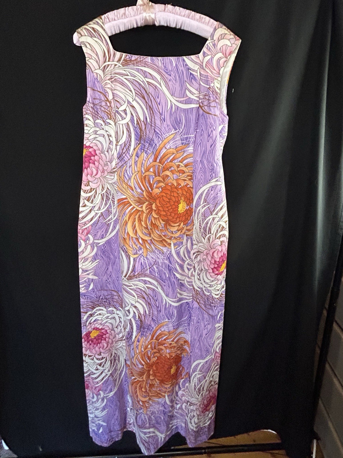 Vtg ALICE Polynesian MCM Long Dress & Train Chrysanthemum Print Med 10/12 Tiki