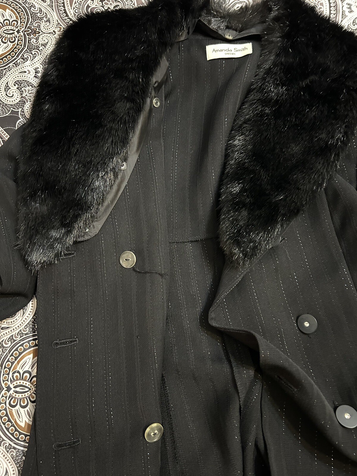Vntg Amanda Smith Black Double Breasted Blazer Faux Fur Detachable Collar•Sz 6