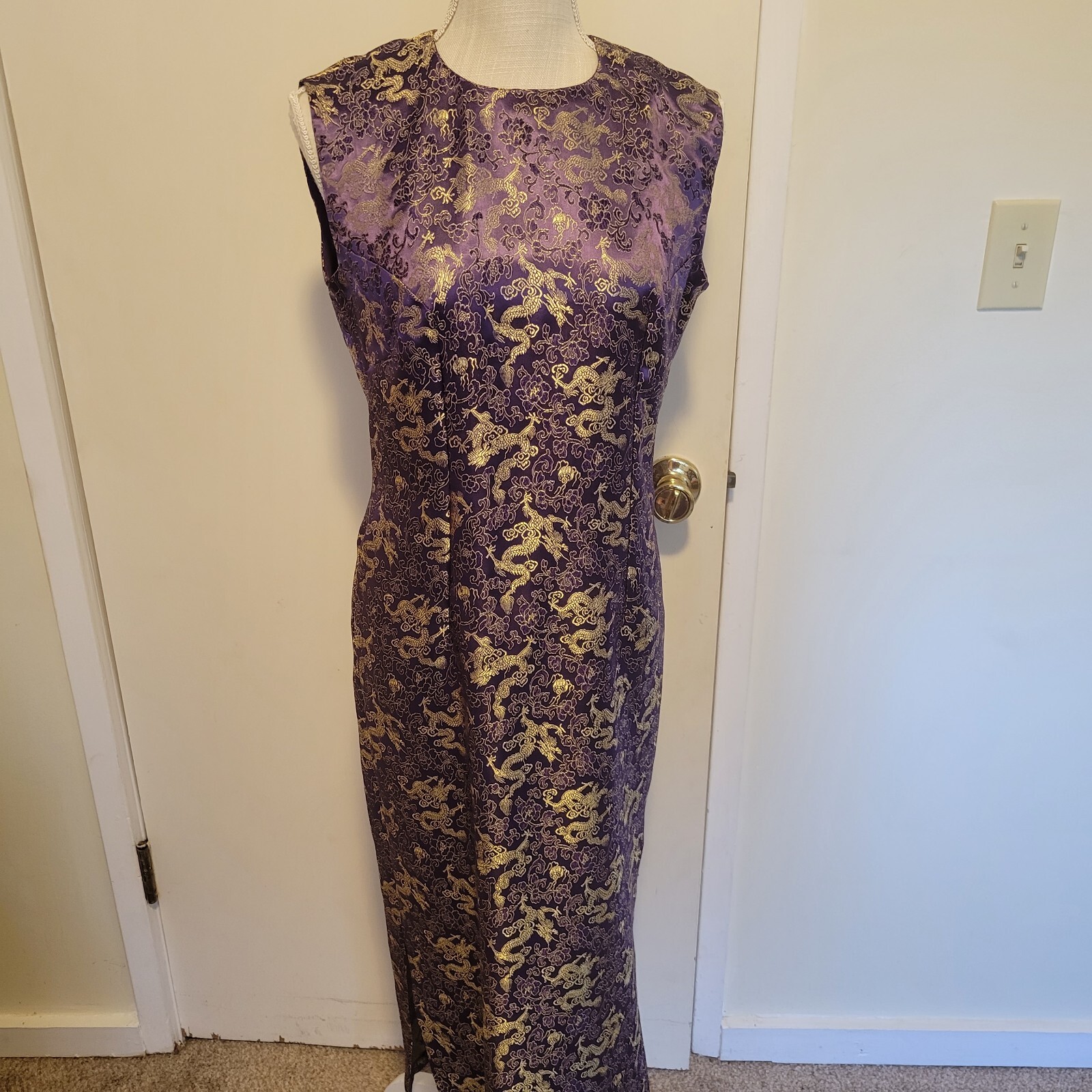 Vintage Asian Sheath Dress Purple Gold Dragon Brocade S/M