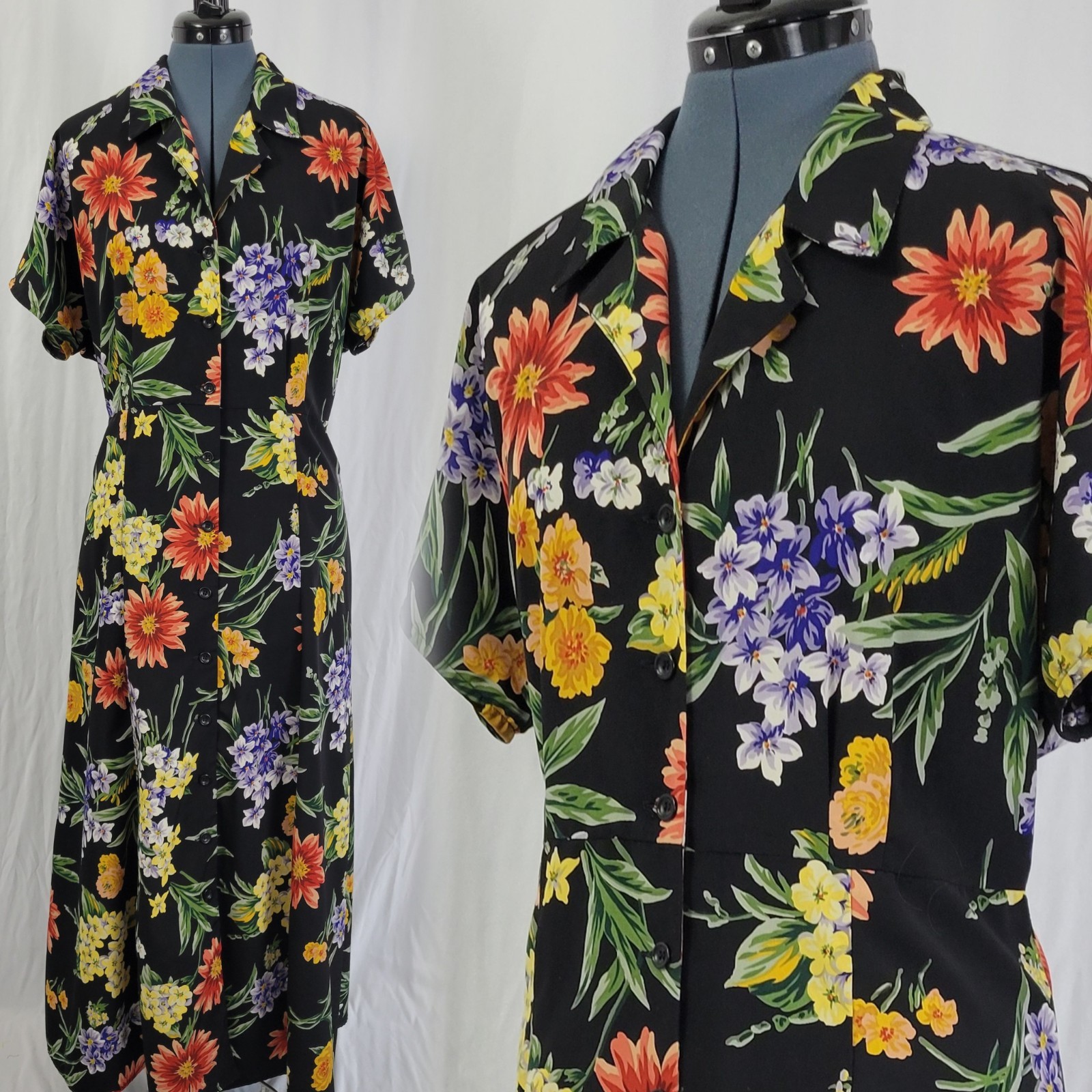 Vtg Norton McNaughton Black Floral Button Down Dress Size 14
