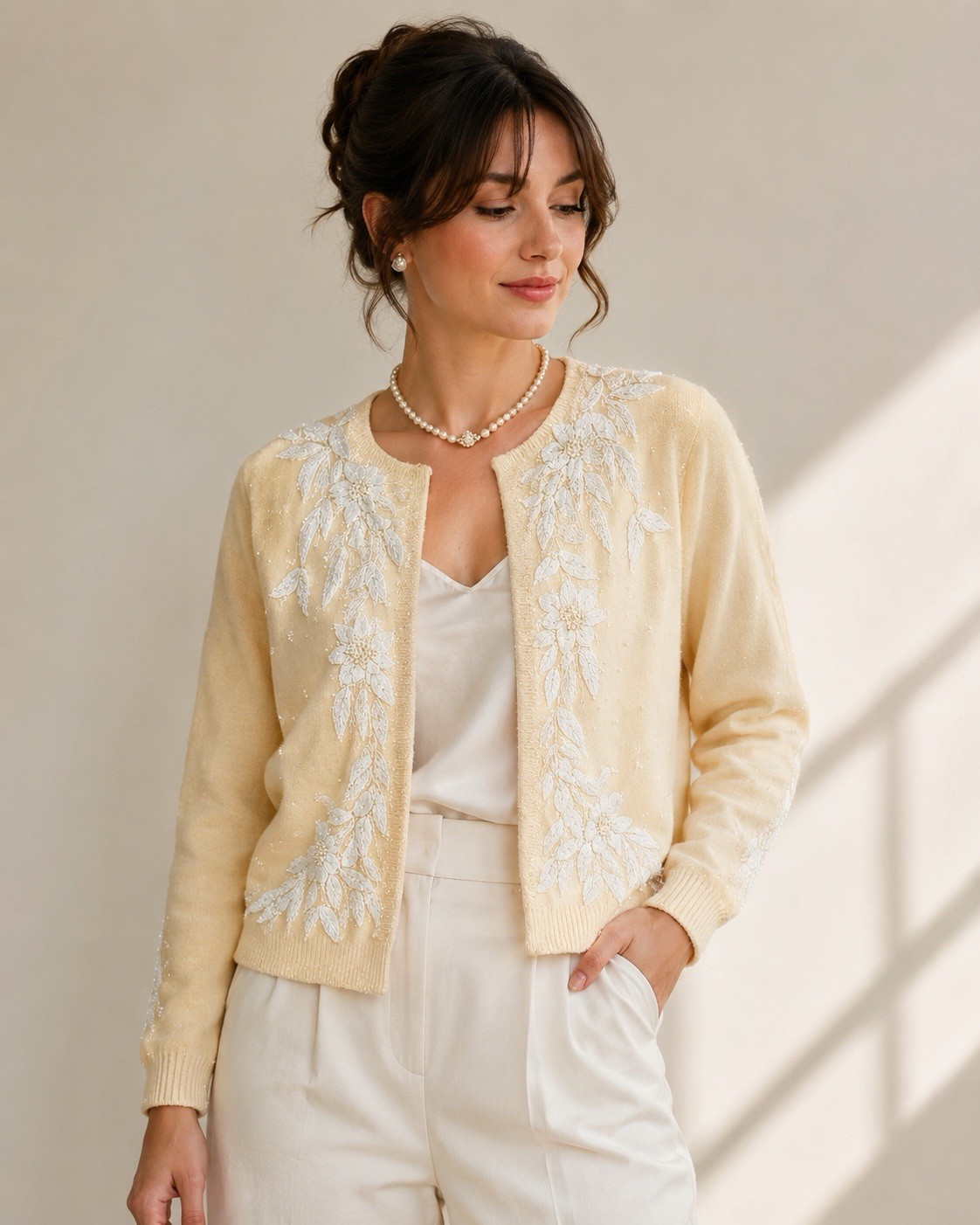 Vintage 1950s Angora Beaded Cardigan Sweater Ivory Floral Size 40 Jo-Ro Imports