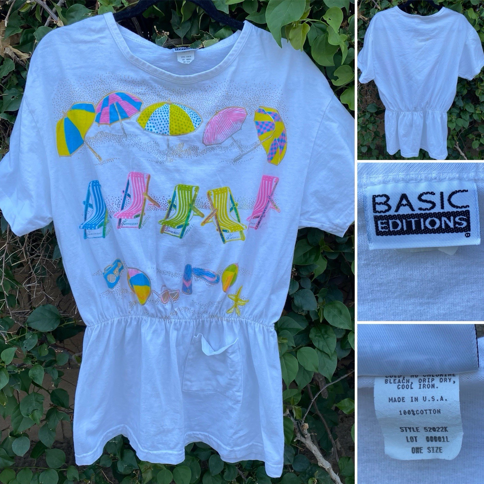 Basic Editions Beach Scene Shirt Top T Shirt 1980s 90s Worn One Size Vintage