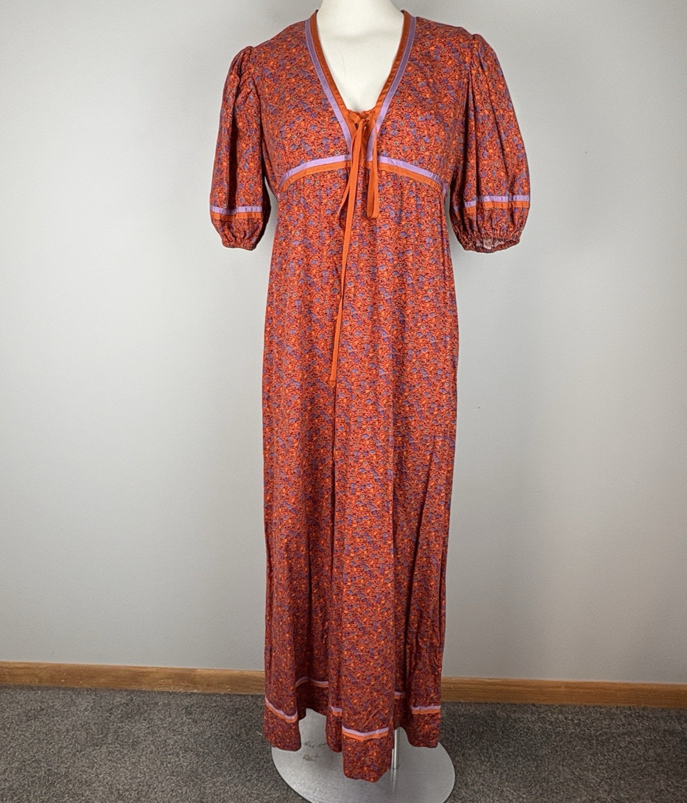 VTG 70s Maxi Dress Orange Hippie Festival Empire Waist Orange Calico Print Sz L