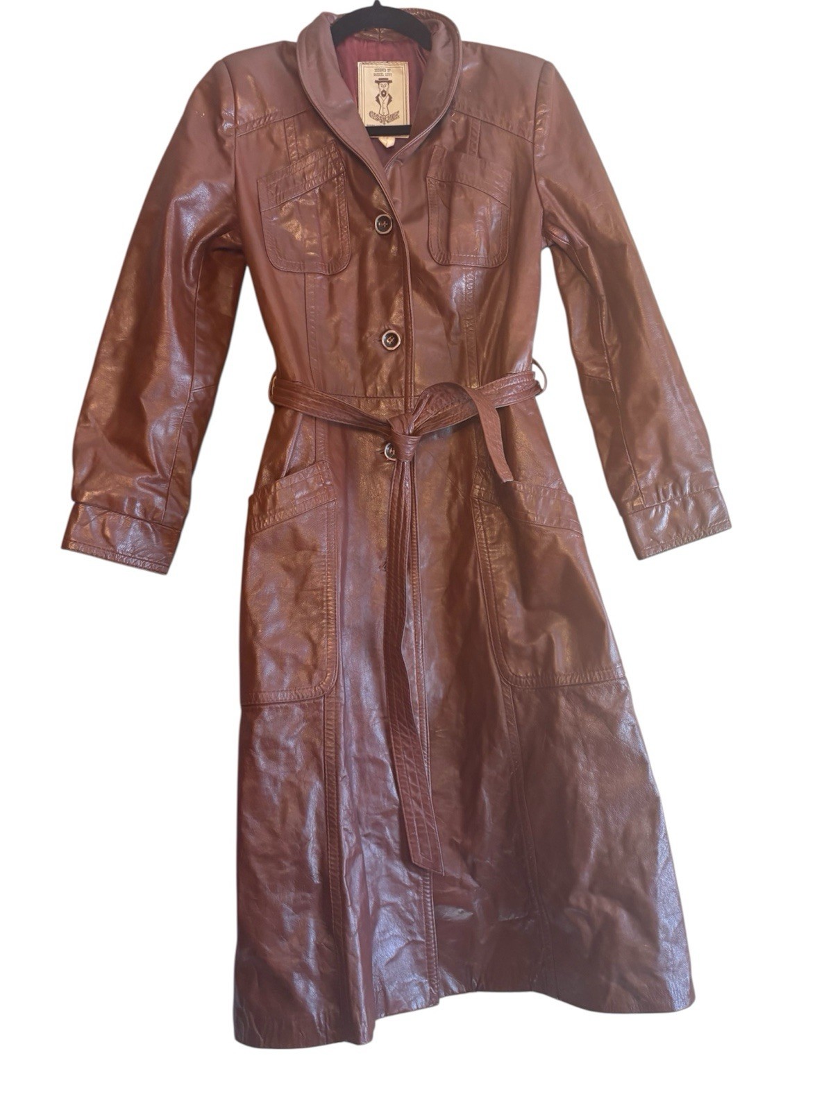 VTG 70s Gassy Jack Brown Leather Trench Jacket Gabriel Levy Canada XS 34/26