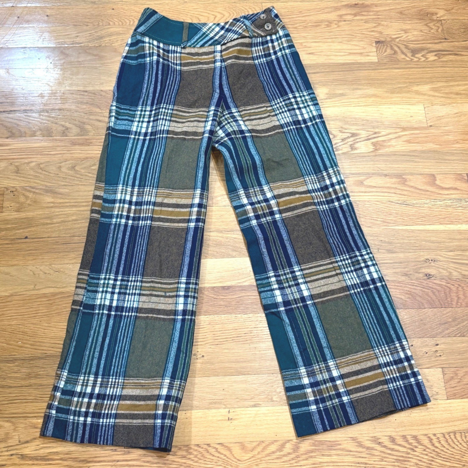Vintage Junior House Wool Plaid Pants Teal Green Brown Wide Leg High Rise 70s