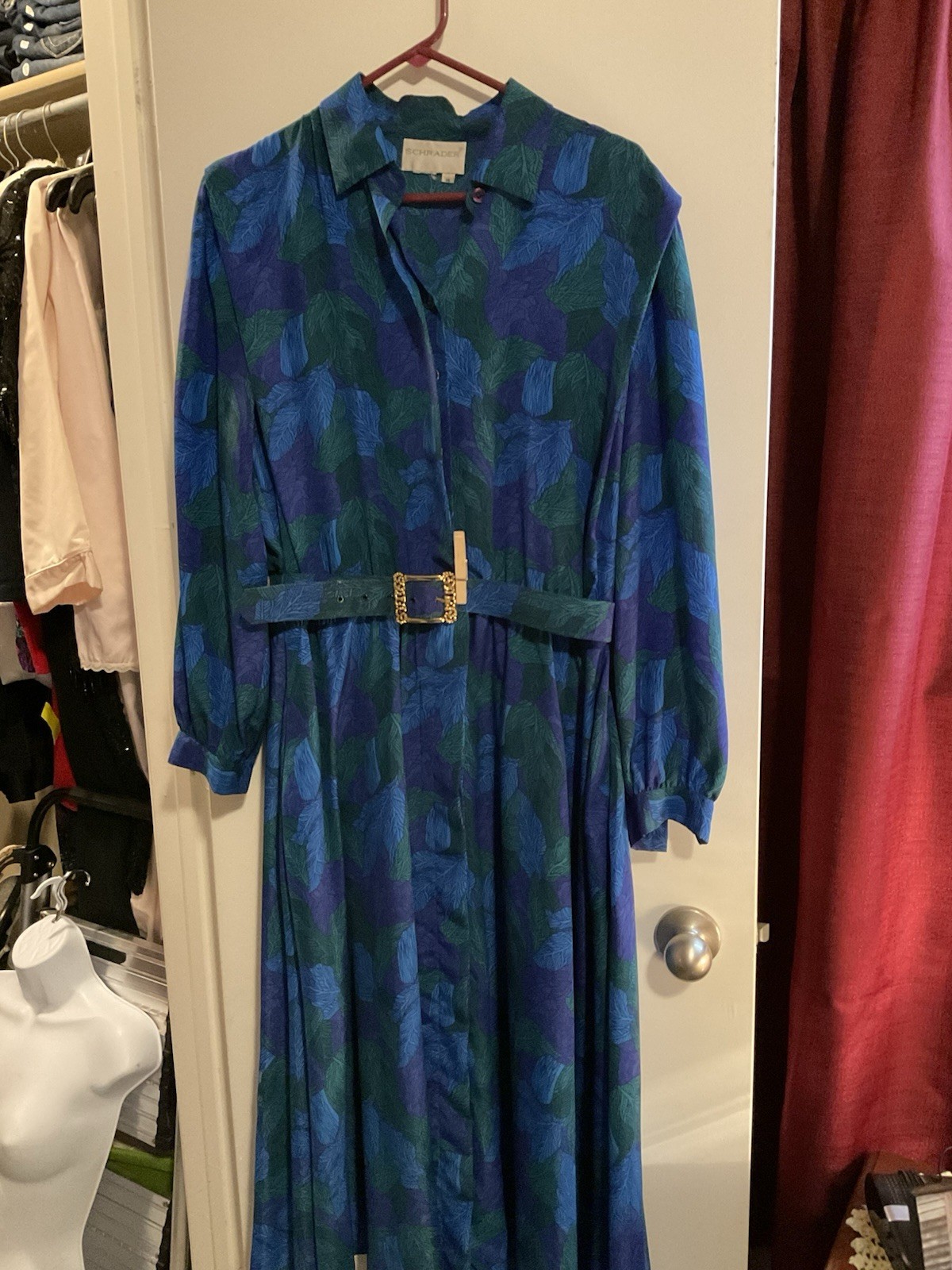 Vintage Schrader Purple Blue Green Dress Button Size 14 Grandma Roomy