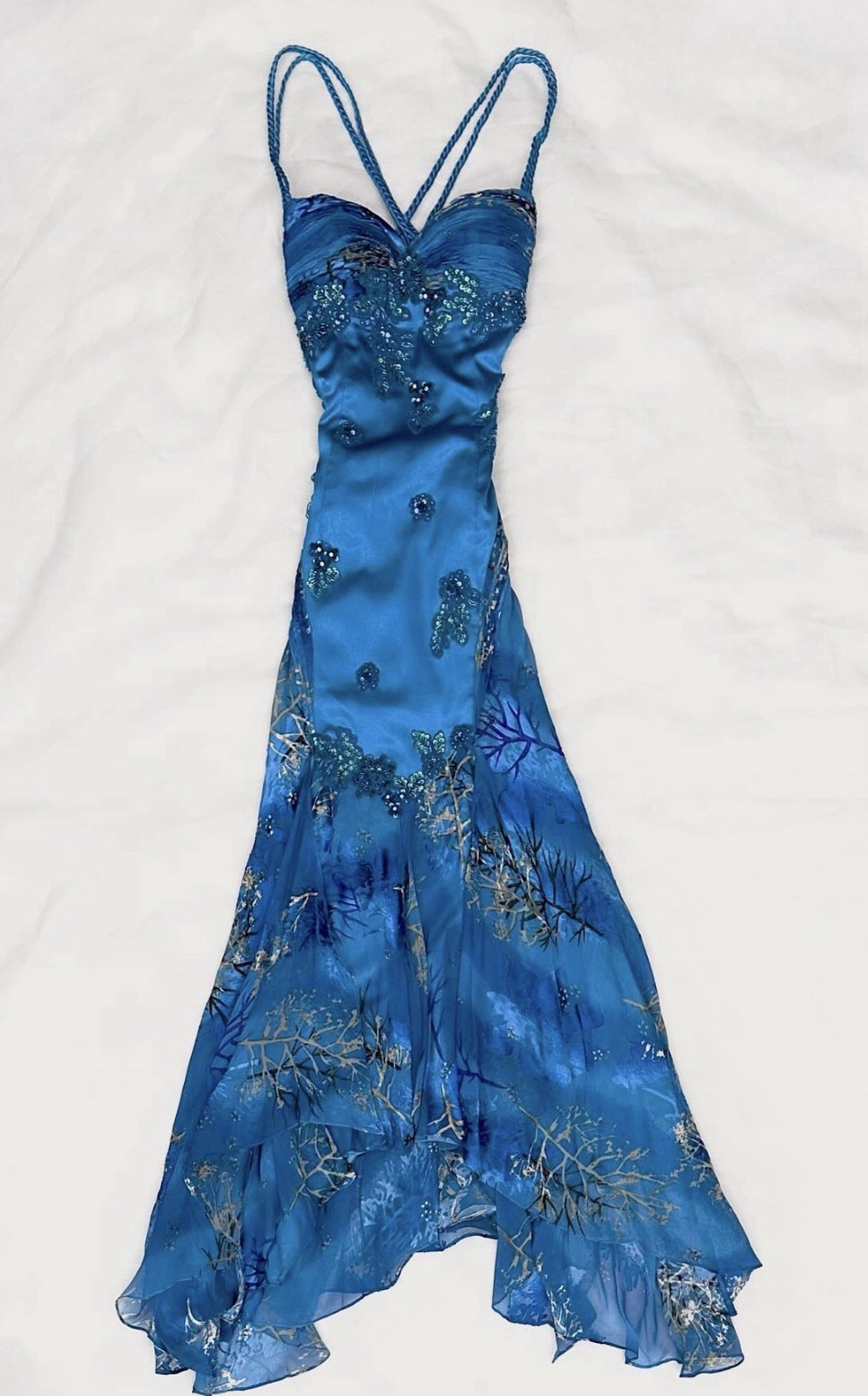 vintage “fairycore” gown, Rare Ocean Blue Mermaid Jewel bead Dress.