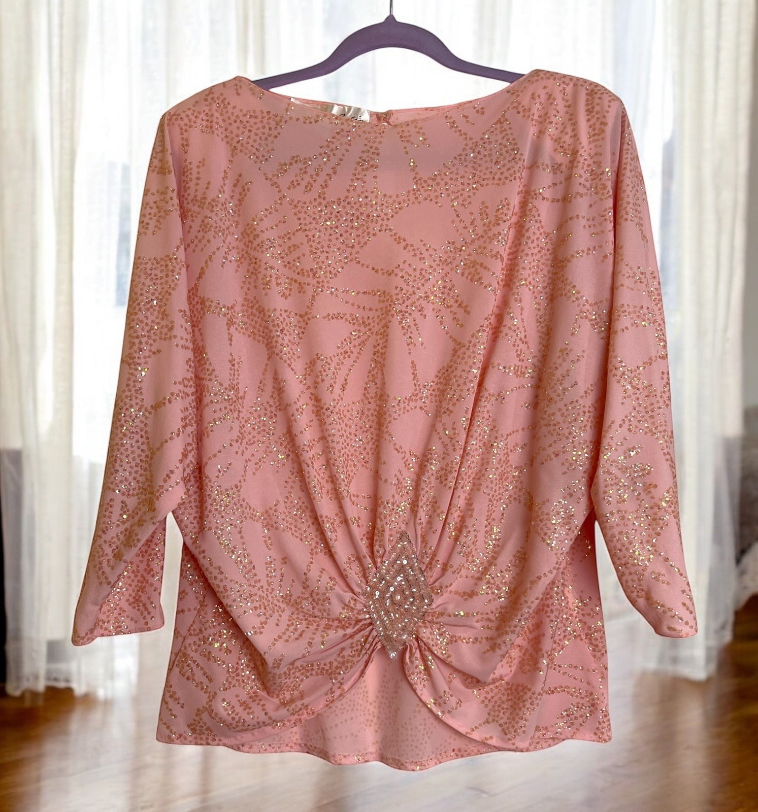 Vintage 80s Lillie Rubin Pink Sequined Top Blouse 10 3/4 Sleeve Deco Pleated