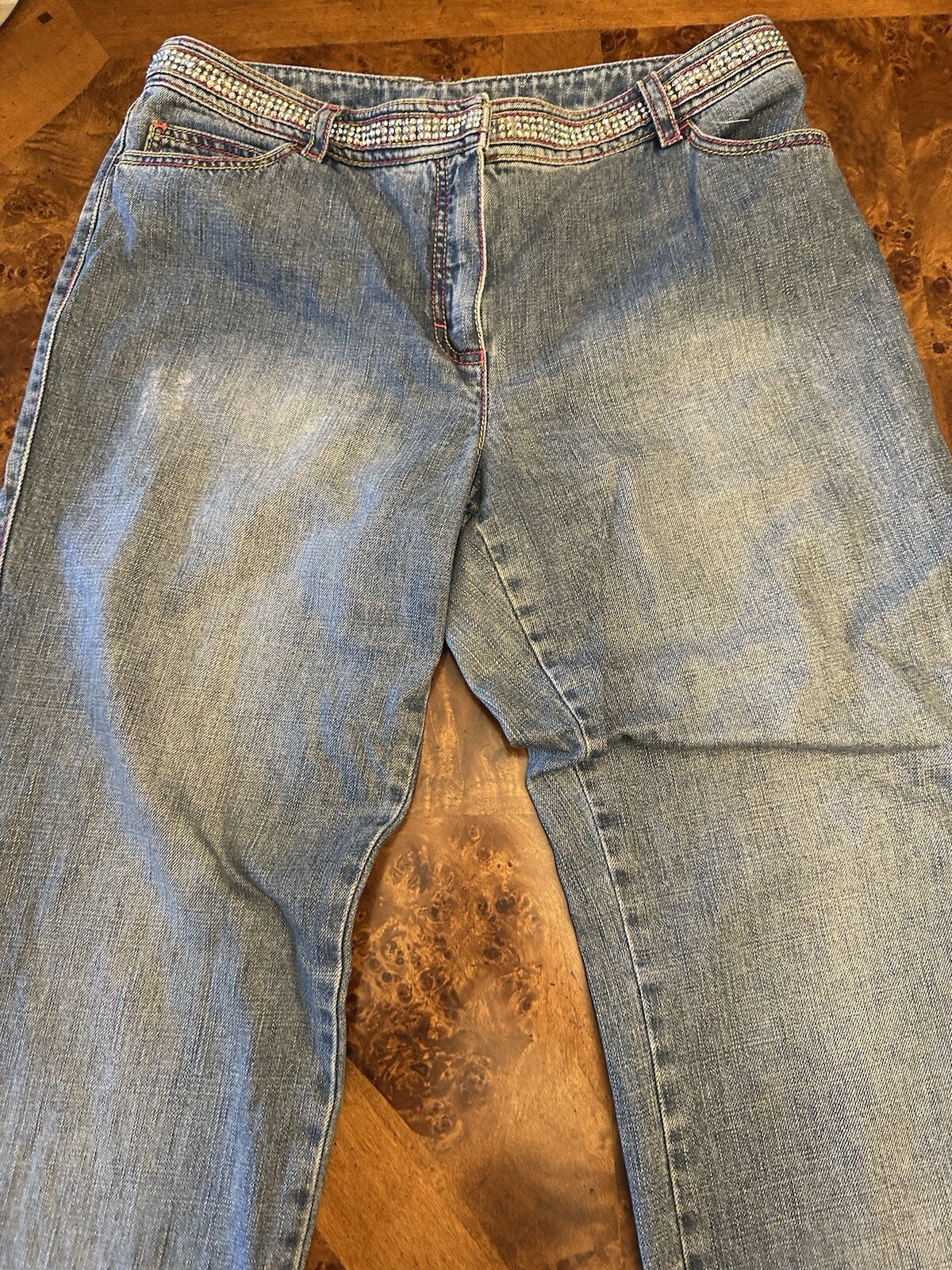 ESCADA VTG LIGHT WASHED RHINESTONE BEADED JEANS SZ44EU(10-12 US)MADE IN TURKEY