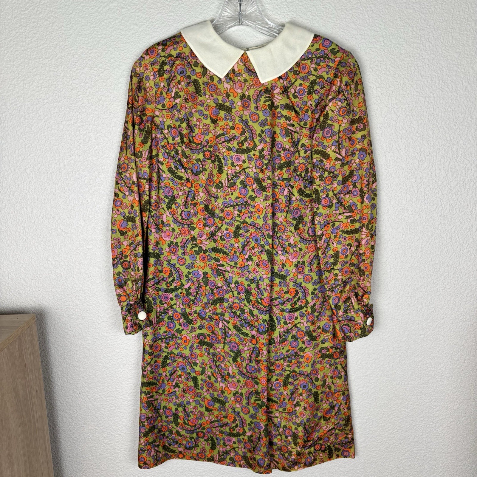 Vintage 60’s Dress Floral Peter Pan Collar Olive Green, Pink Orange S (see meas)