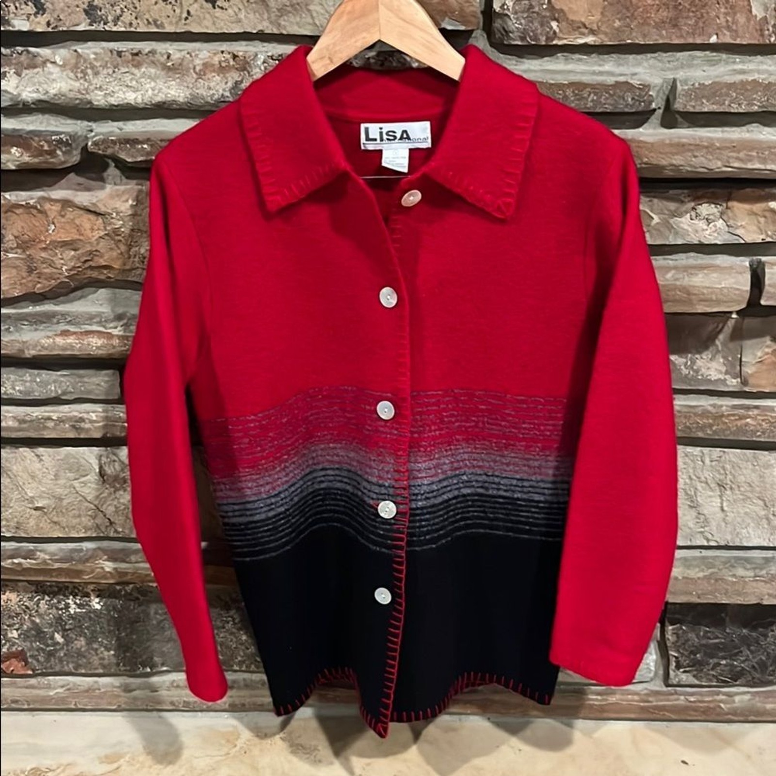 Lisa International Vintage Boiled Wool Red and Black Cardigan Sweater