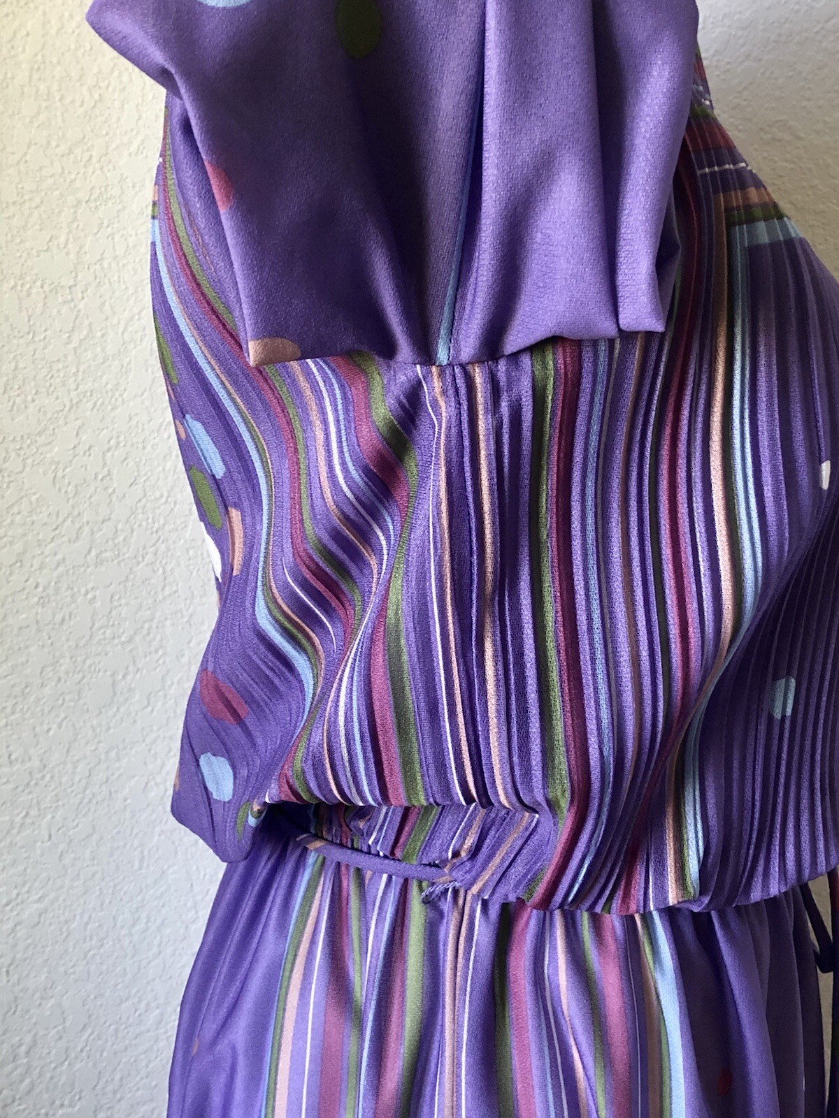 Vintage Sue Brett Purple Multi Blouson Dress Semi Sheer Stripes Dots Pleats 5/6