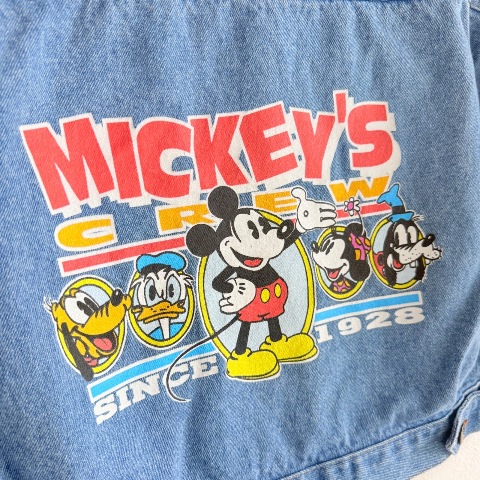 Vtg 90s Mickey & Co Disney Denim Jacket Mickey’s Crew Graphic Light Wash Small