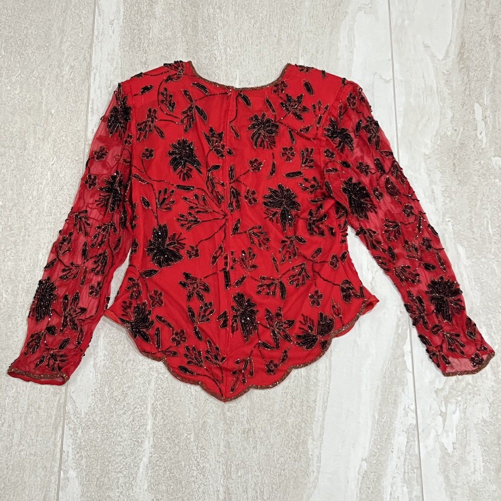 Vintage Laurence Kazar Beaded Top Red Floral Pure Silk Sz L EUC