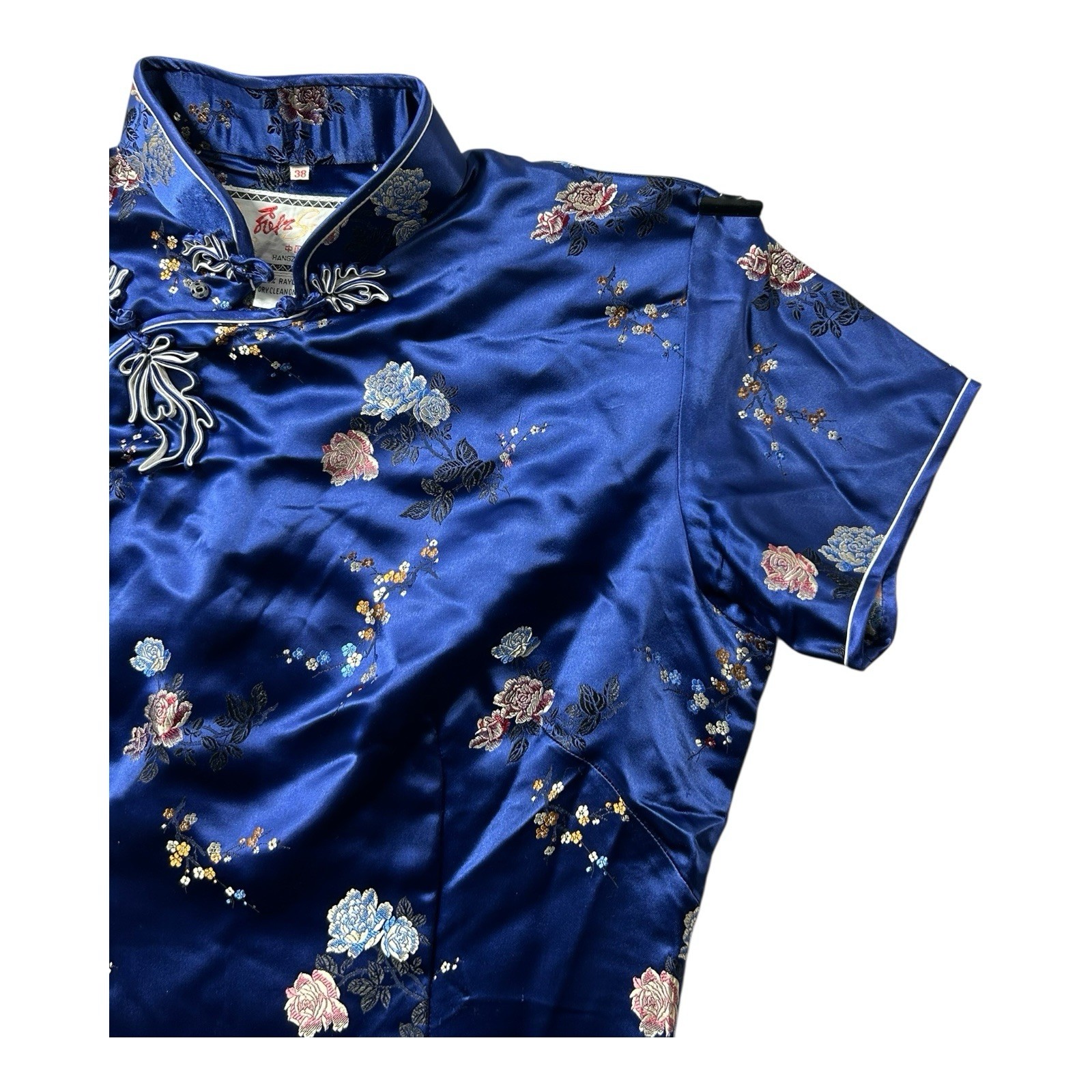 Vintage Solz Squirrel Blue Floral Satin Cheongsam Dress Women’s Size 38