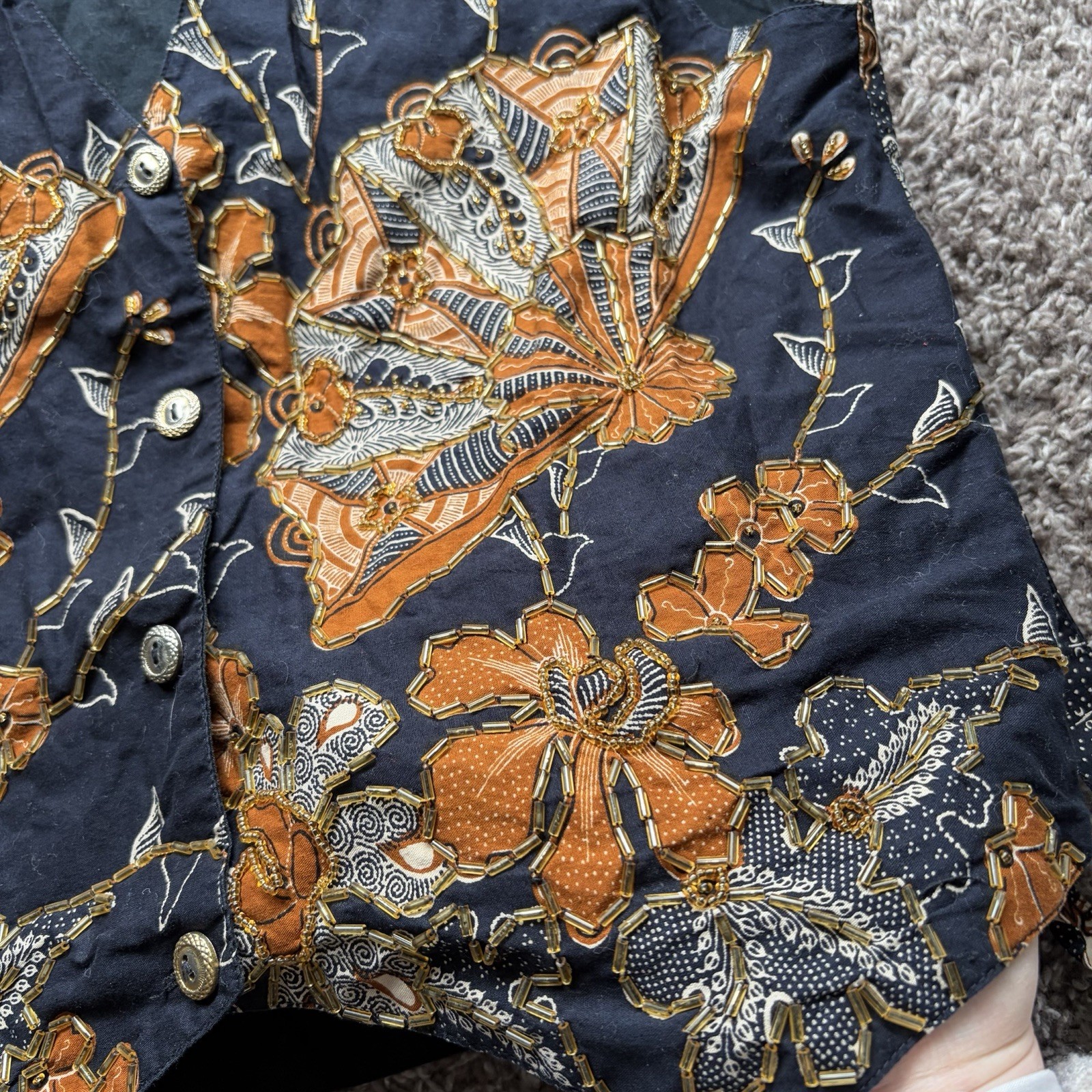 Effeci Vintage Floral Beaded Best Unique Vintage. Navy 100% Cotton Size medium