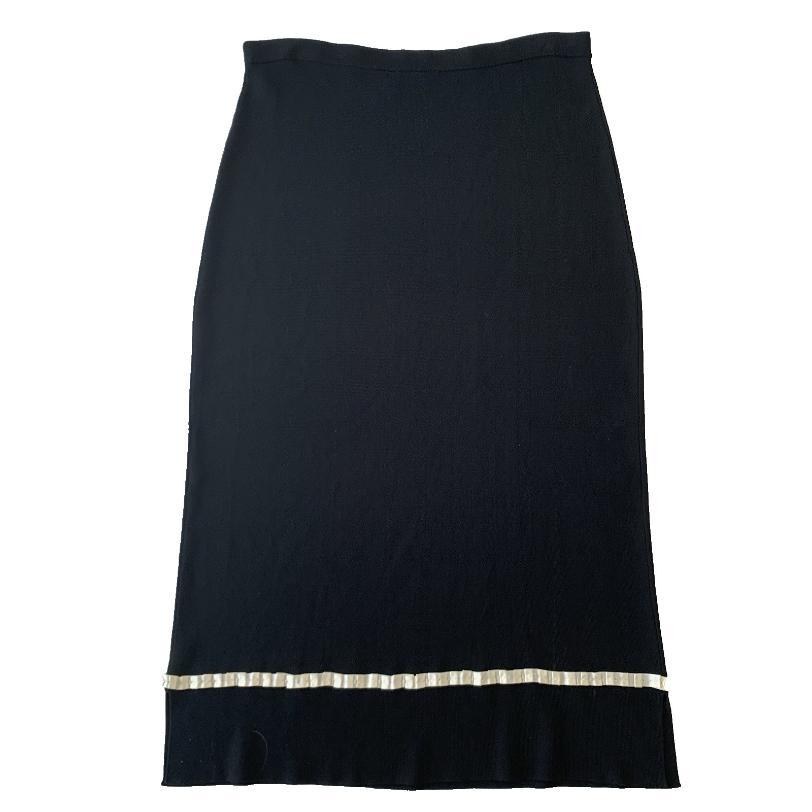 Black Knit Midi Pencil Skirt Size M Pull On White Ribbon Trim Hong Kong