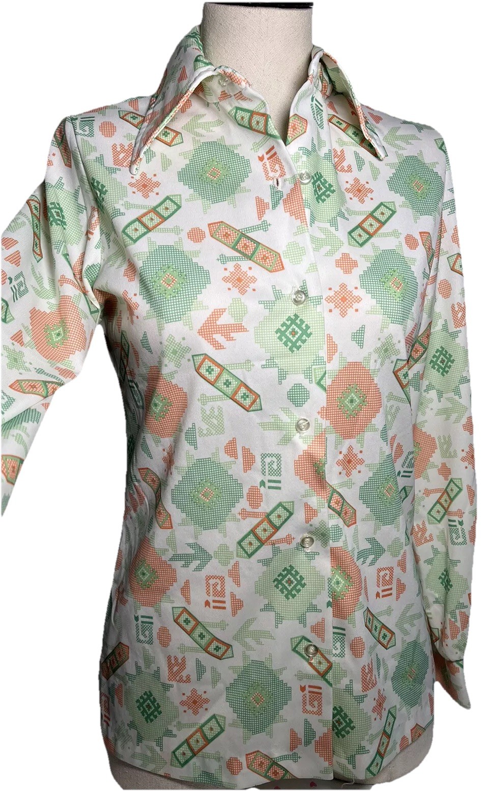 Vtg 60s Shirt Polyester Button Top Geometric Arrow Aztec White Green Orange S 36