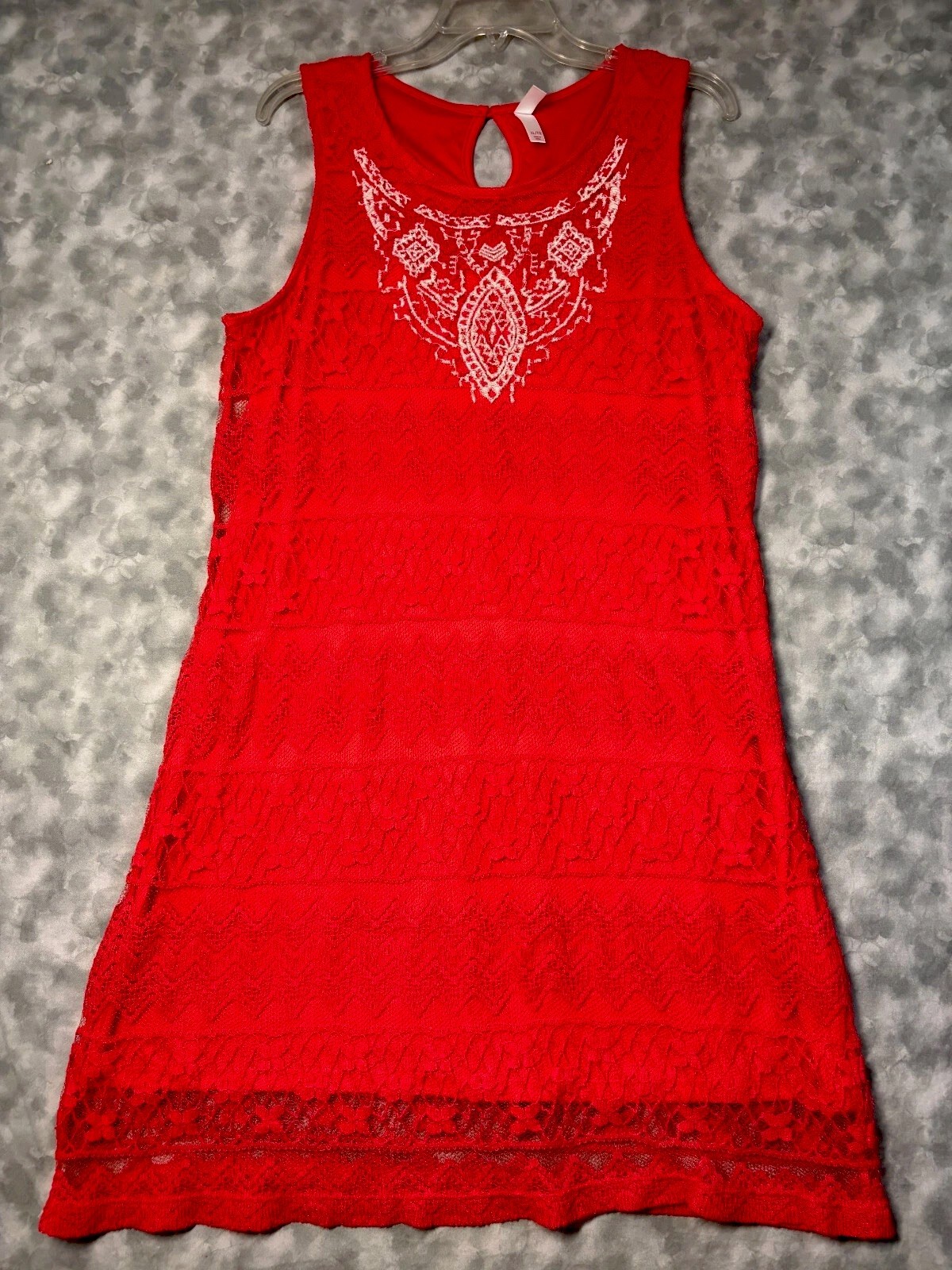 Red Lace Sleeveless Dress Boho Embrodery Detail 35″ Long