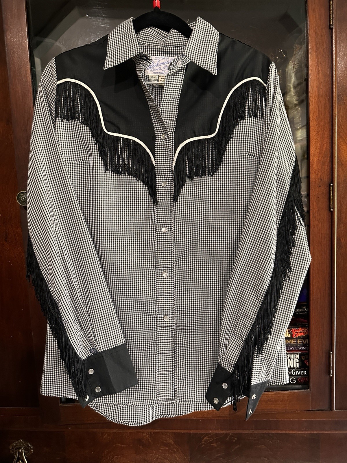 Vintage Black & White Fringe Western Button Up Long Sleeve Shirt