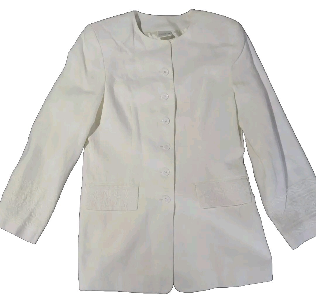 Vintage Womens Blazer Linen Rayon Ivory Sz 8 Embroidered Lace Gantos Jacket 80s