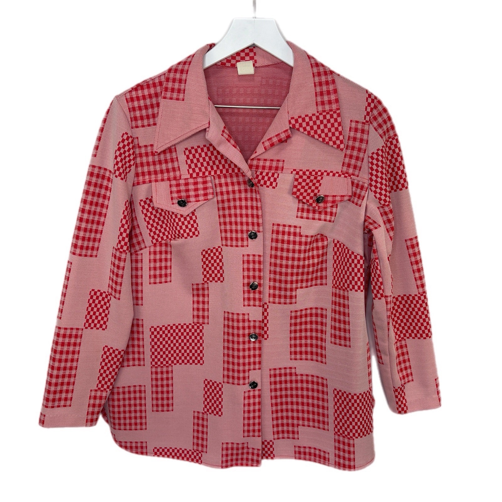 Vintage 60’s 70’s Checkered Pattern Long Sleeve Button Front Shirt Women’s 18.5