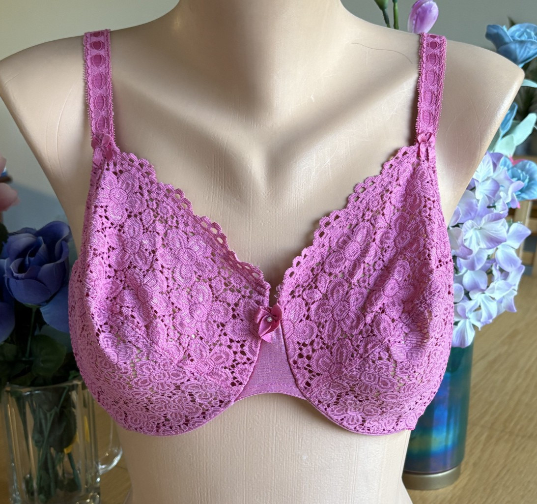 VANITY FAIR 36D PINK Lace Unlined Sheer Underwire Bra #75080 VINTAGE