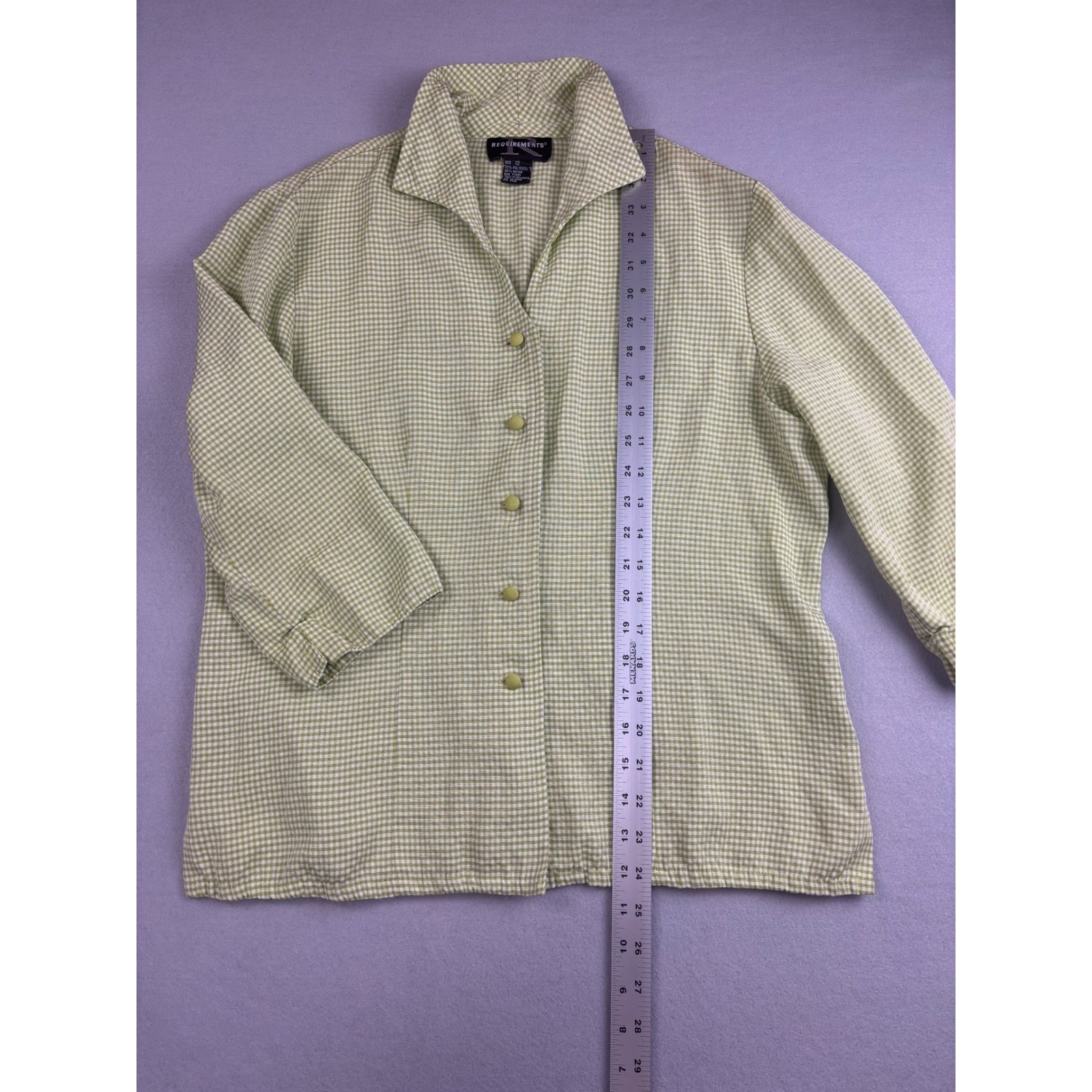 Requirements Vintage Gingham Blouse Size 12 Green White Plaid Button Up