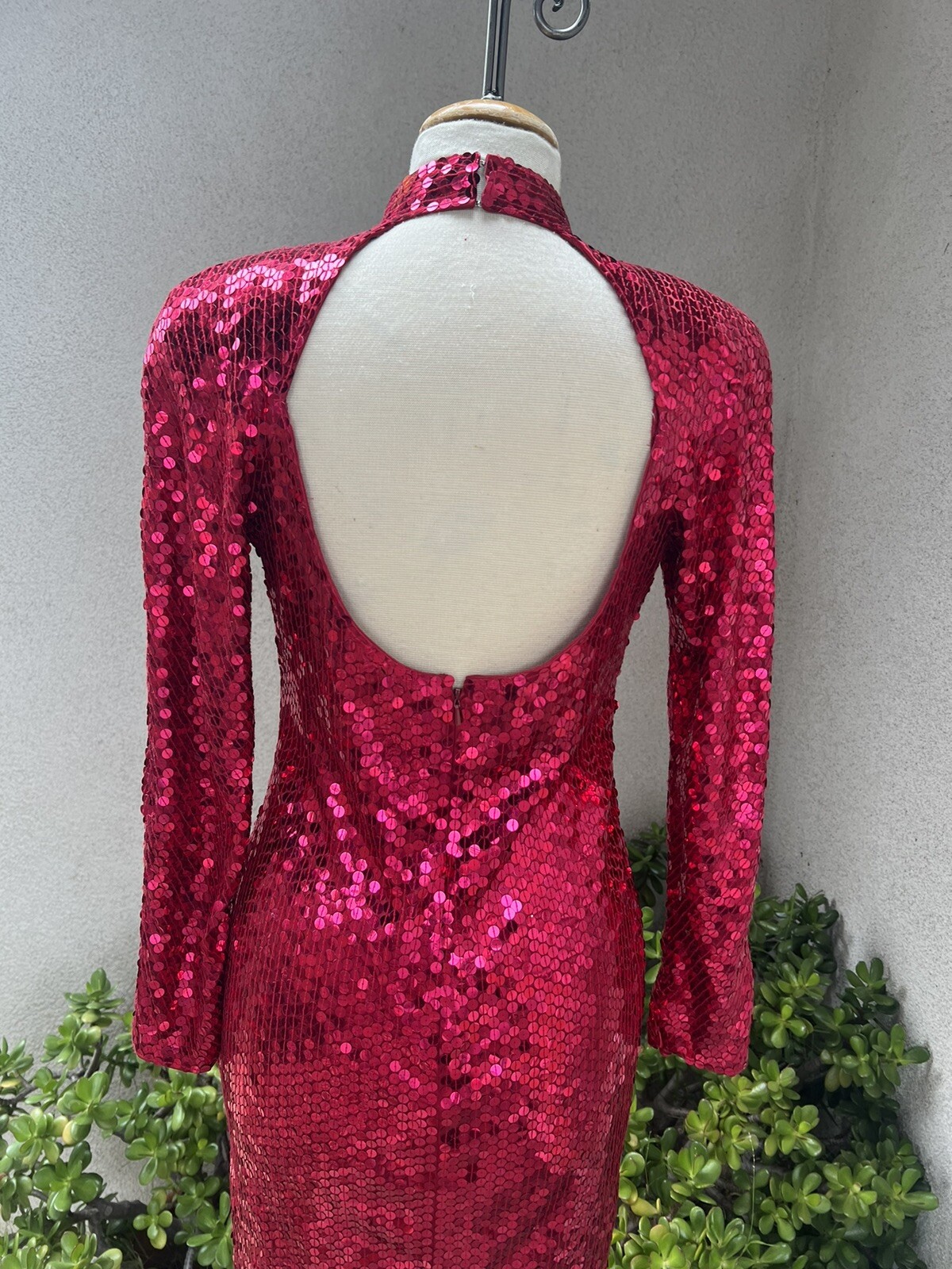 Vtg Disco Dress Ruby Red Sequins Keyhole Back Sz 10 NiteLine