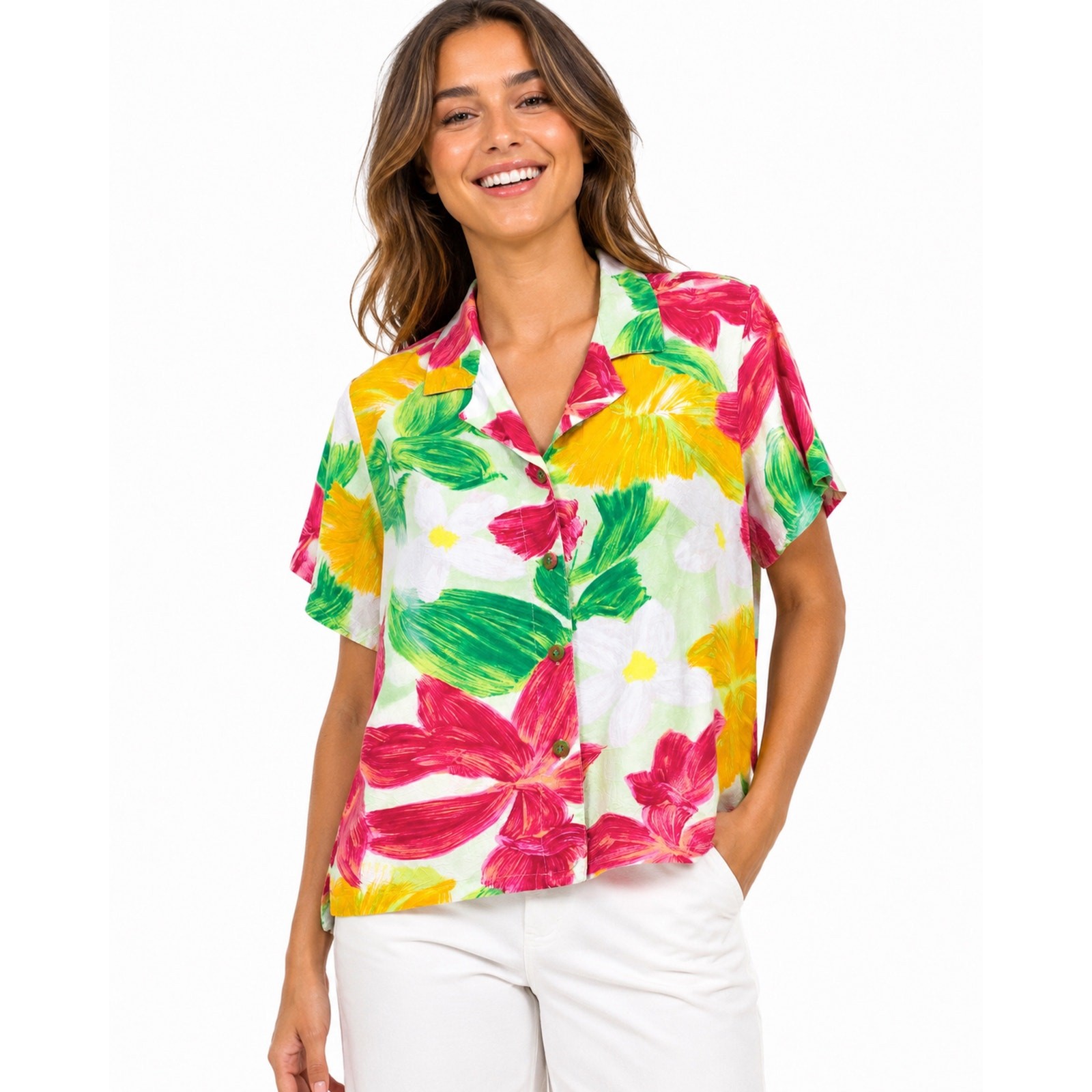 80s 90s Jams World Button Up Crop Blouse | Bright “Orchadia” Floral Pattern